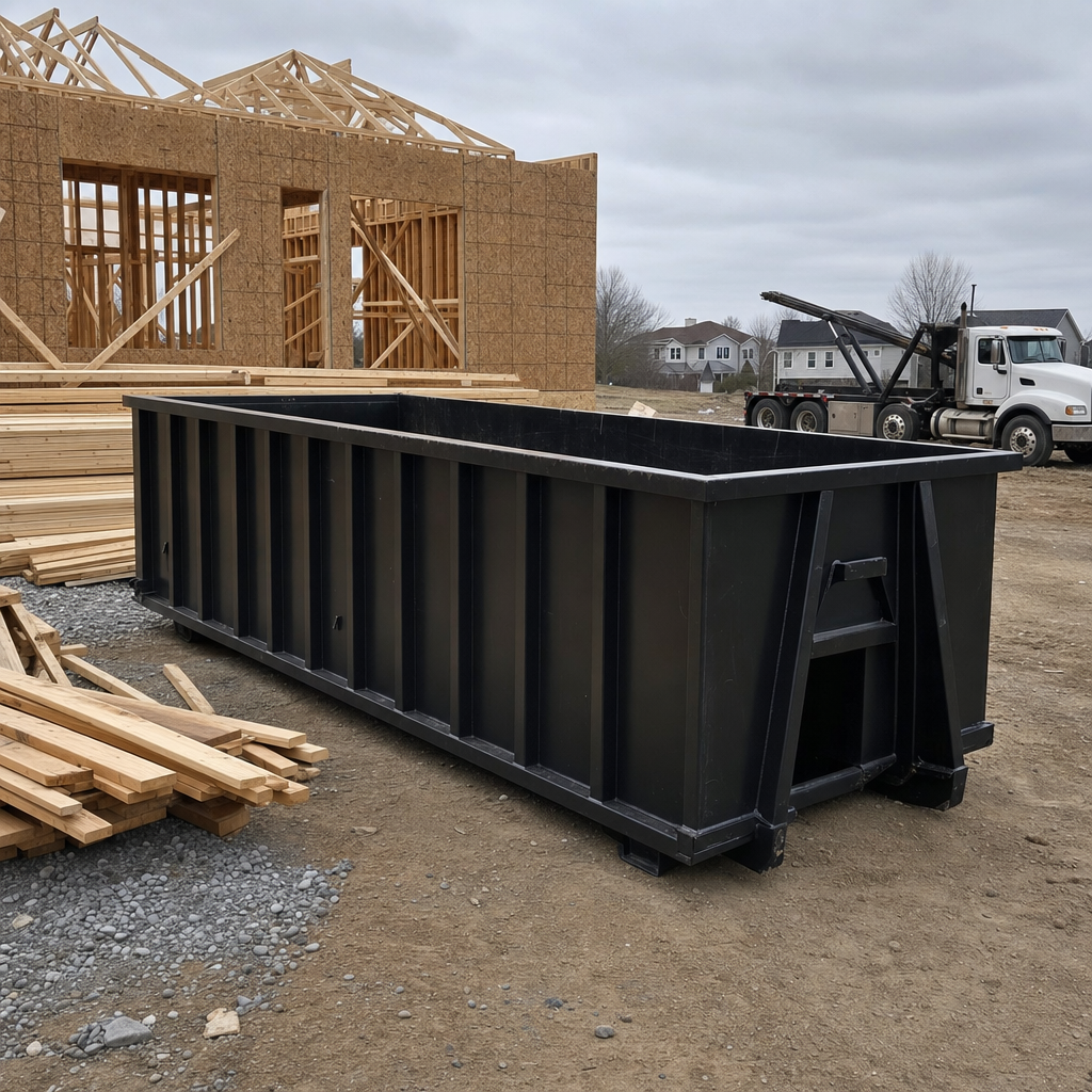 Matte-black 40-yard roll-off dumpster staged on a framed-out residential construction site in Warwick, framing lumber stacked nearby, hooklift delivery truck visible in the background under bright Colorado daylight
