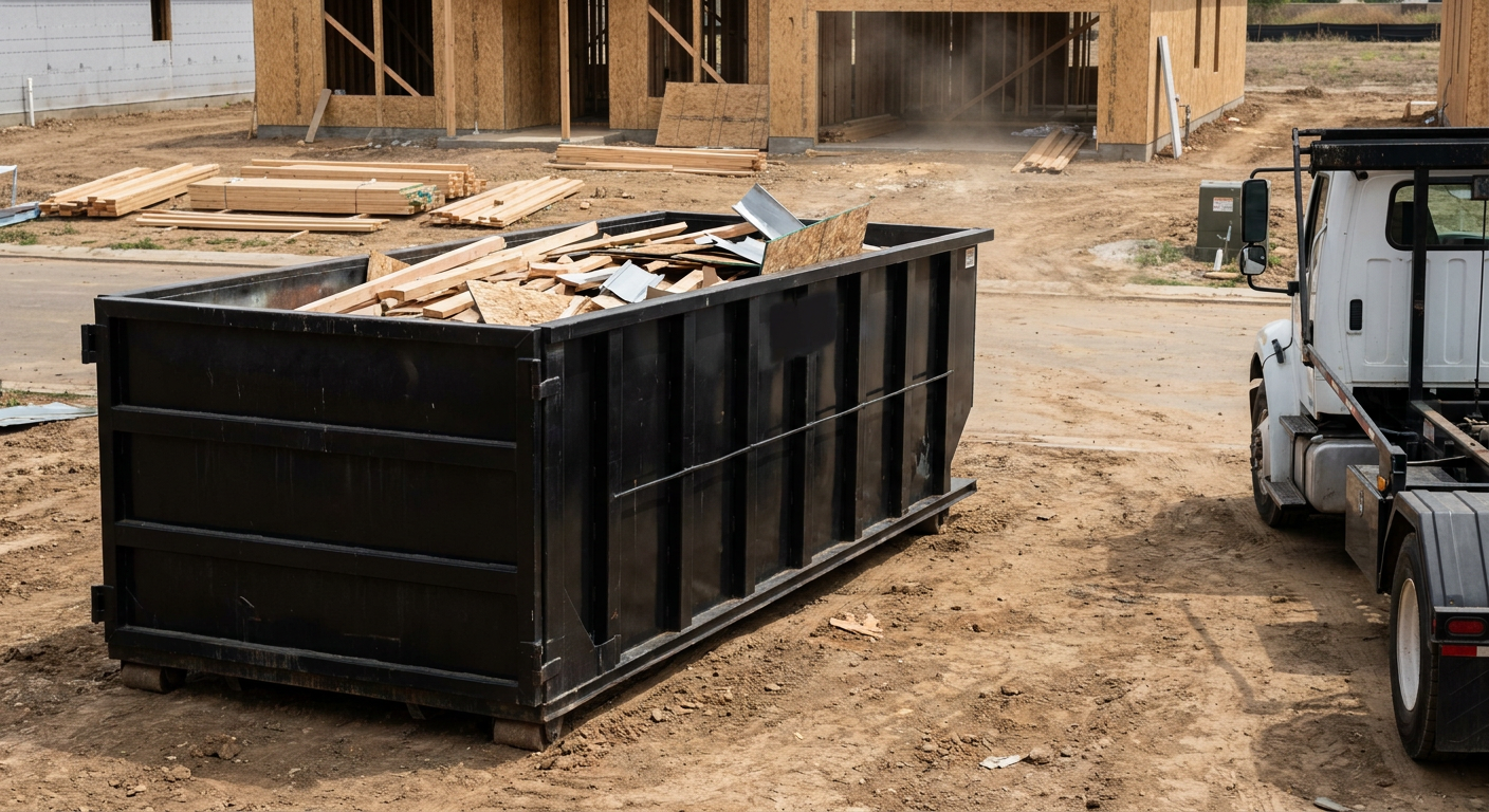 Matte-black 20-yard roll-off construction dumpster with heavy ribbed steel sidewalls and swing rear doors at a working jobsite in Warwick, sitting directly on compacted dirt with an unmarked white hauler partially visible at the far edge of the frame.