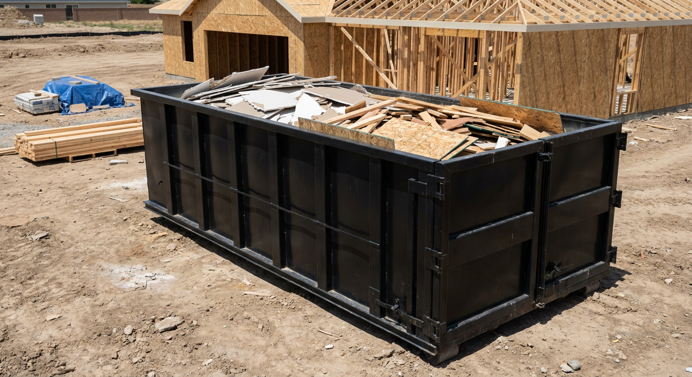 Matte-black 30-yard roll-off construction dumpster sitting directly on the compacted-dirt site of a framed single-family home build in Warwick, drywall and lumber scrap loaded inside.