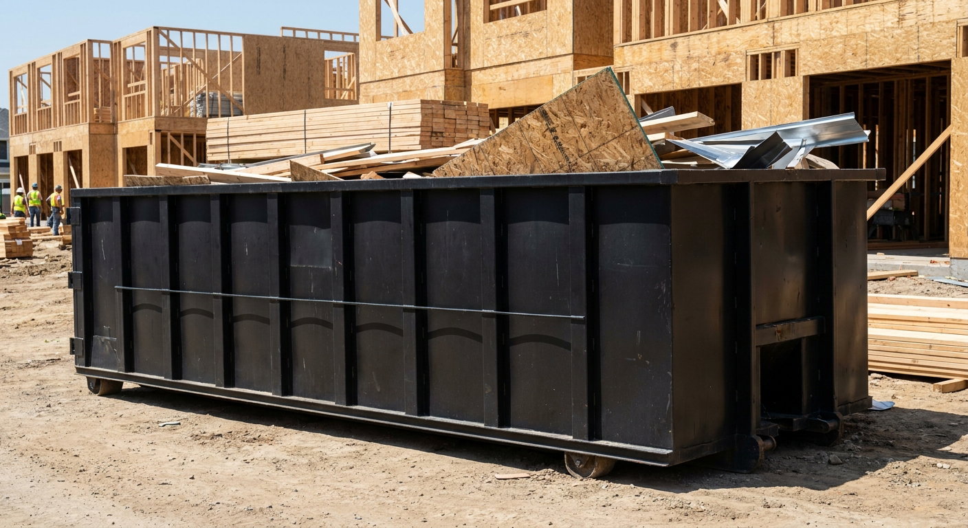 Matte-black 40-yard roll-off construction dumpster being lowered from a white-cab hooklift delivery truck onto the compacted-dirt jobsite at a commercial build site in Warwick