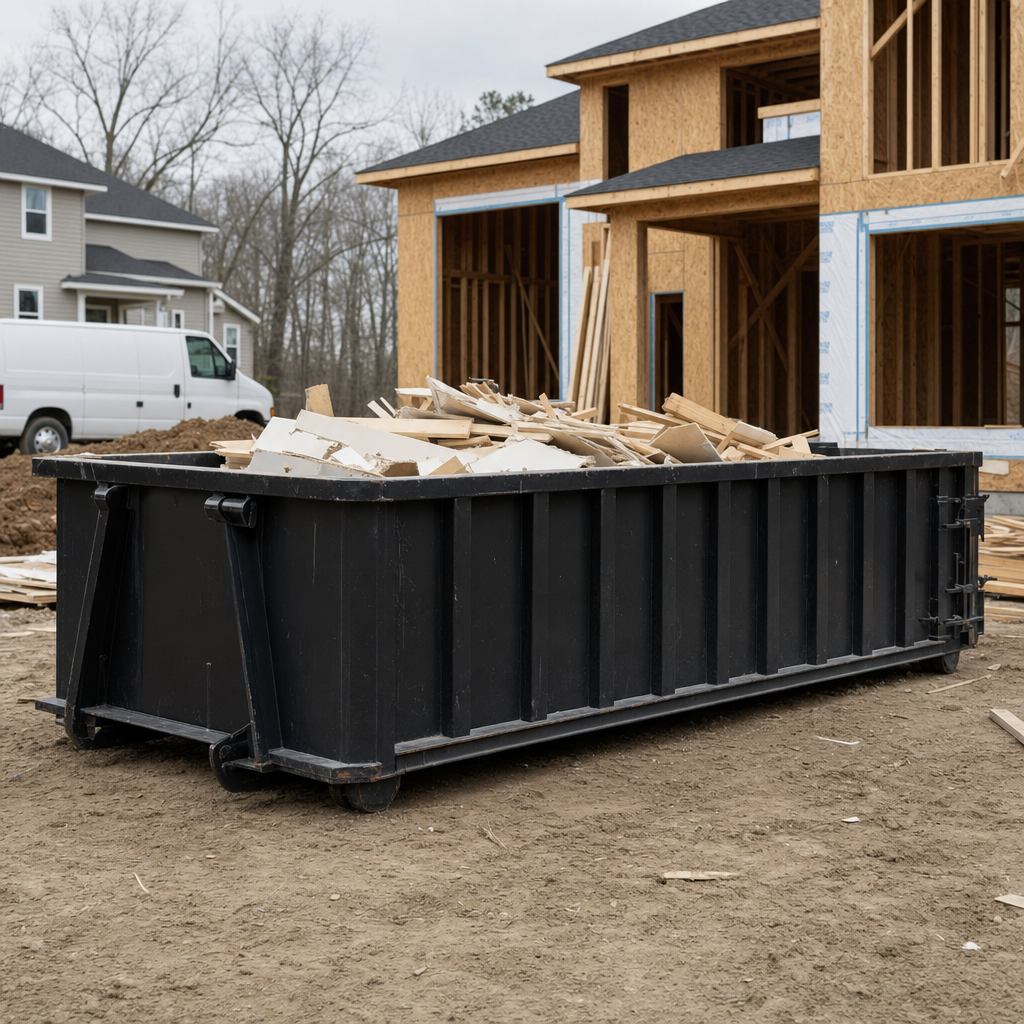 Worker in a yellow high-visibility vest tossing framing lumber and broken drywall into a matte-black 30-yard construction roll-off dumpster on an active build site in Warwick, bright daylight