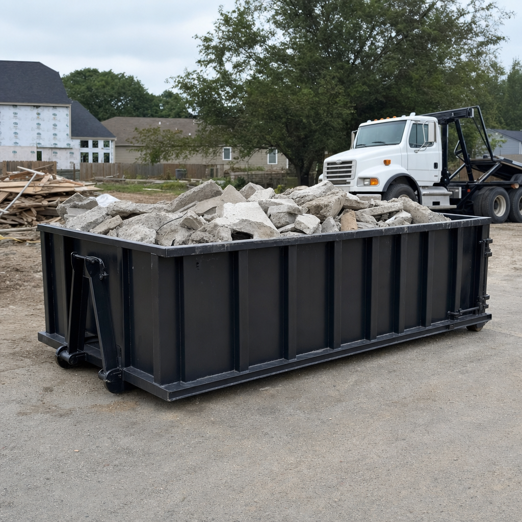 Low-profile matte-black lowboy roll-off dumpster loaded with broken concrete slab and rebar at a foundation tear-out in Warwick, skid steer parked beside it, sunny Colorado morning