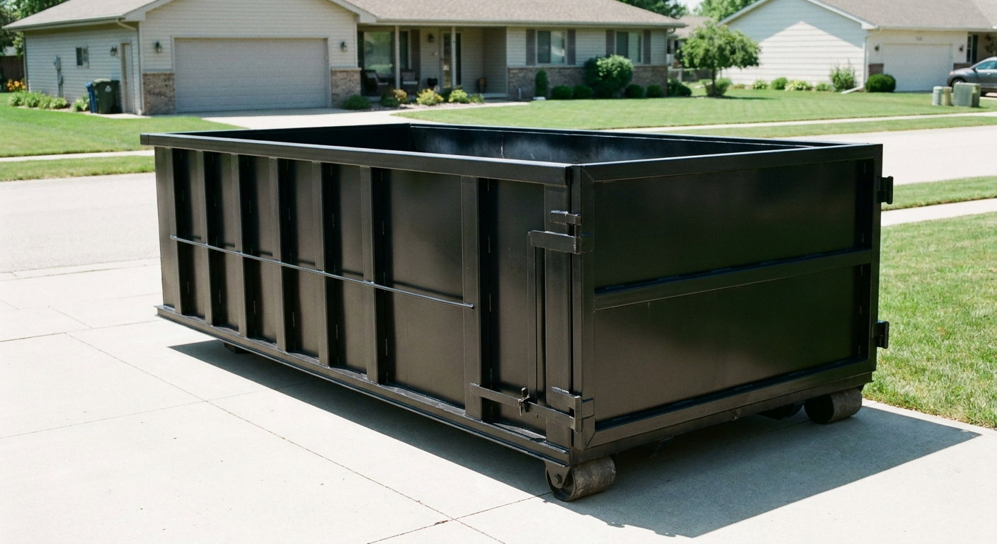 Matte-black 10-yard roll-off dumpster on a residential concrete driveway in Warwick, uniformly painted matte black across every panel and rail, ribbed steel sidewalls and rear swing door visible, mid-day daylight.