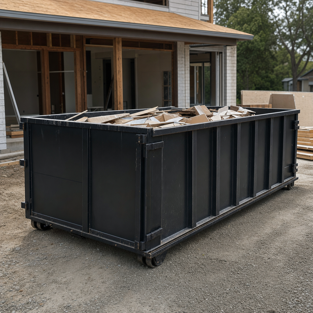 Large matte-black 30-yard construction roll-off dumpster at an active Warwick jobsite, steel-gray top rails and bottom rollers visible, loaded with construction debris.