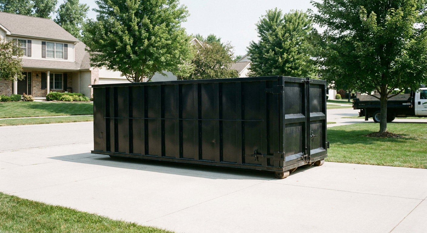 Matte-black 20-yard roll-off dumpster sitting level on a clean Warwick residential concrete driveway under bright daylight, demonstrating clean placement directly on the concrete.