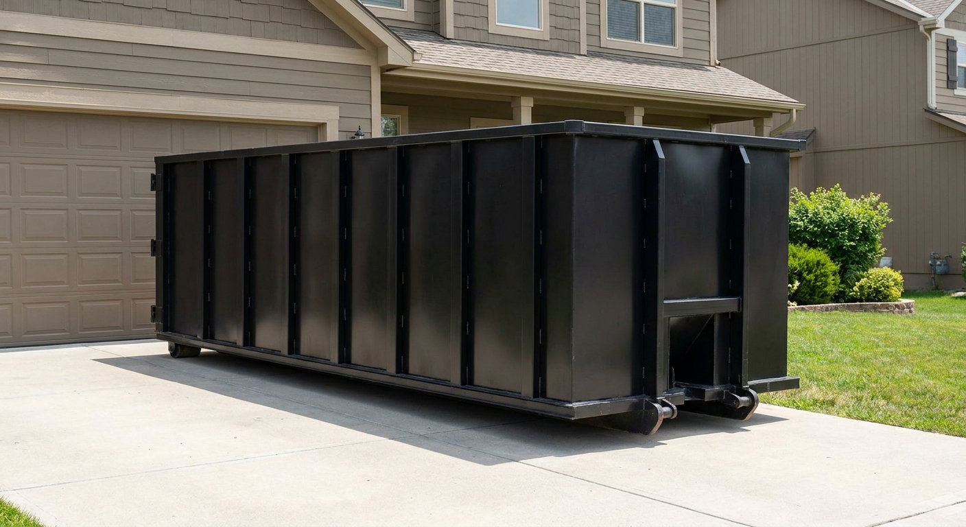 Matte-black residential roll-off dumpster sitting directly on a suburban Warwick concrete driveway, garage door closed, single-family home in background, bright morning daylight.