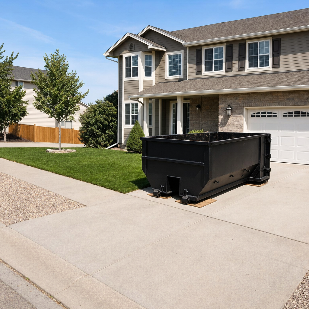 10-yard matte-black residential dumpster placed directly on a narrow Warwick concrete driveway, room remains for a parked sedan beside it, mid-morning natural light