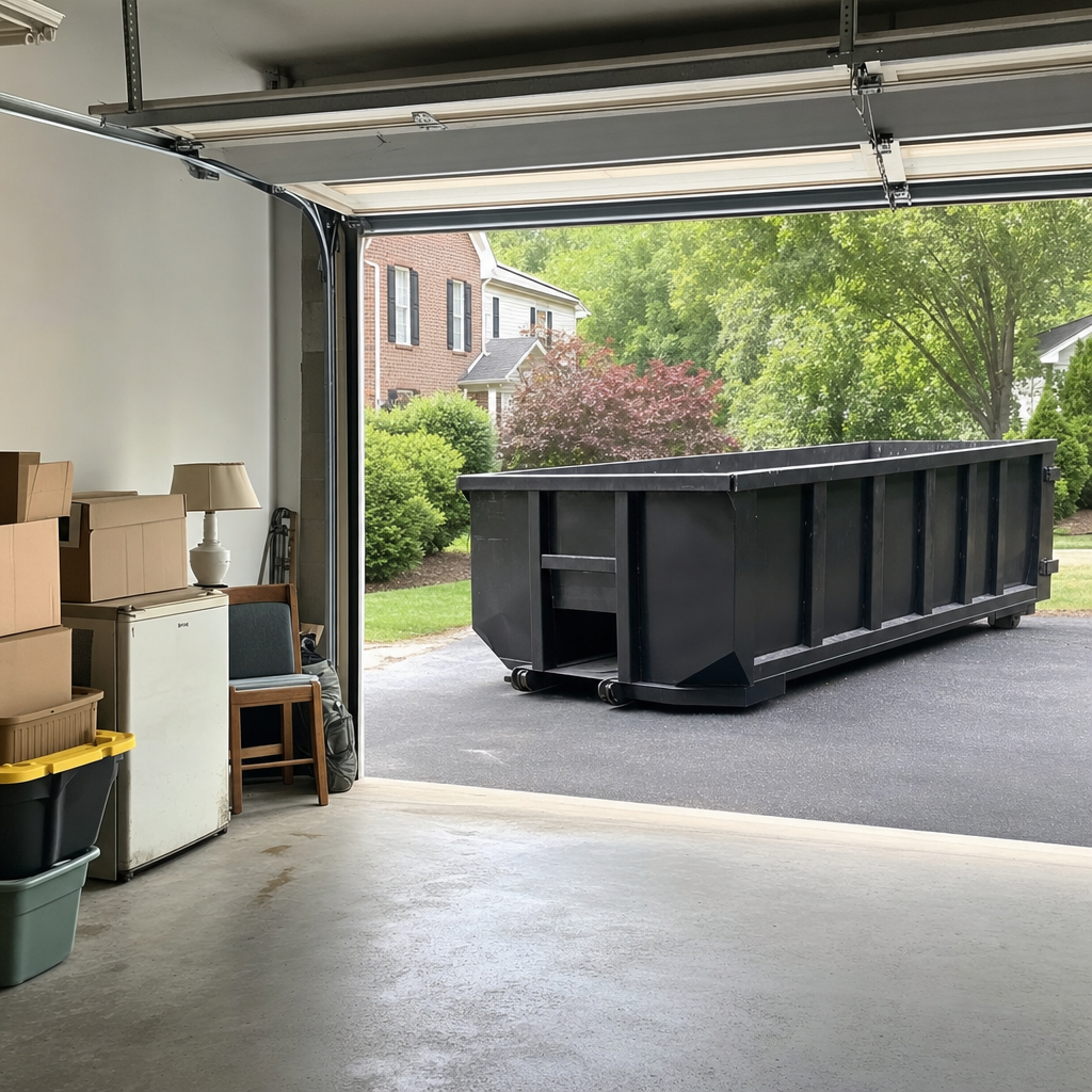 Open garage interior in a Warwick home mid-cleanout — boxed items, an old appliance, and stacked yard tools queued near the driveway for a matte-black roll-off dumpster, organized and calm