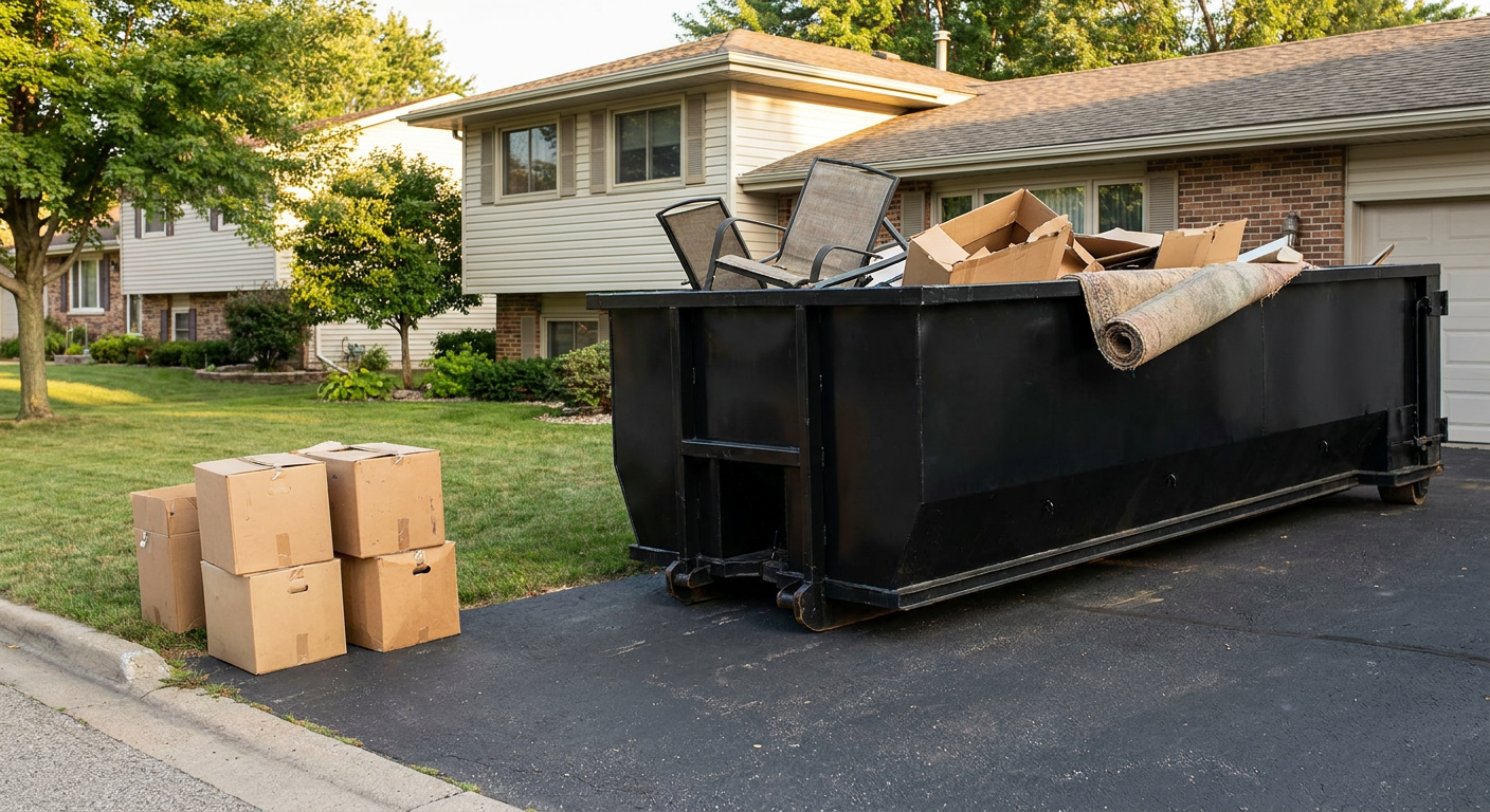Front-yard view of a Warwick split-level home with a 20-yard matte-black roll-off dumpster sitting directly on the asphalt driveway, a few clearly labeled donation boxes staged at the curb, calm sunny afternoon.