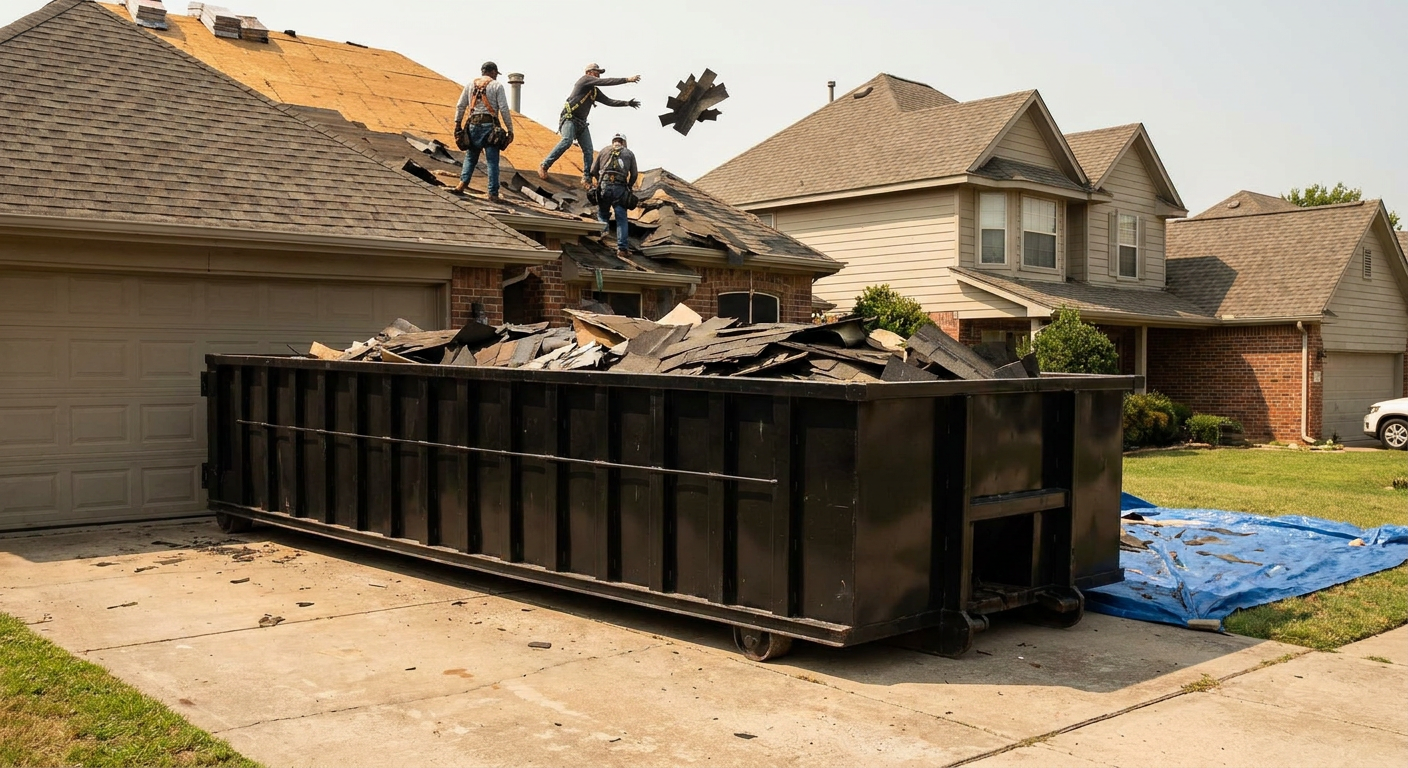 Matte-black roofing roll-off dumpster placed directly on a Warwick residential concrete driveway, a tear-off crew on a two-story asphalt-shingle roof tossing shingle bundles into the low-walled container, bright daylight, documentary 35mm perspective.