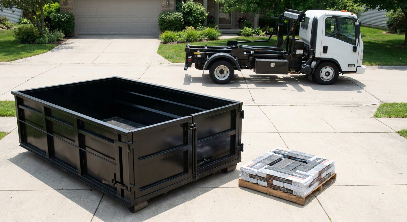 Matte-black 15-yard roofing roll-off dumpster with reinforced low side walls sitting directly on a Warwick residential concrete driveway, three-tab asphalt shingle bundles stacked nearby, an unmarked white hauler truck partially visible at the edge of the frame.