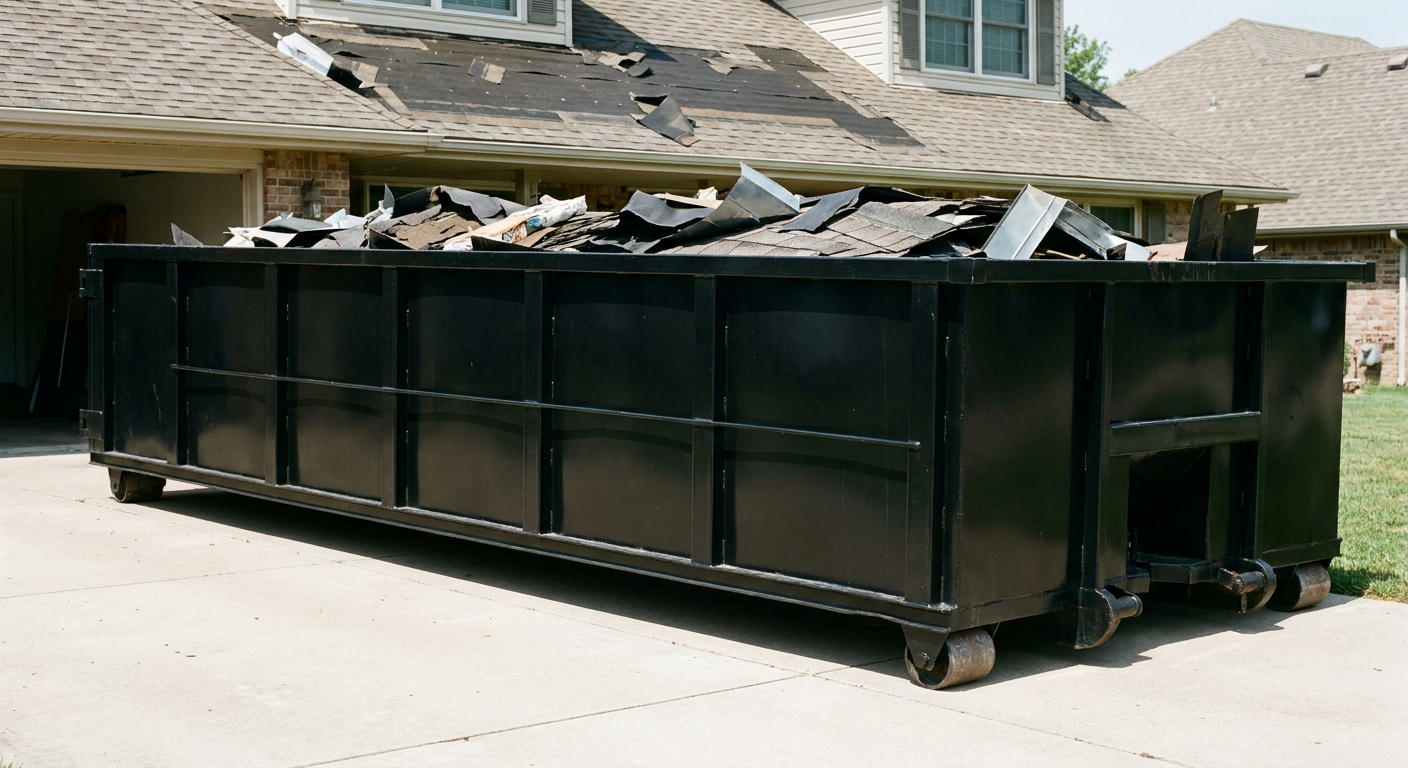 Matte-black 20-yard roofing roll-off dumpster with steel ribbed sides and swinging rear door, sitting directly on the concrete driveway of a two-story Warwick home, asphalt shingle debris being loaded over the low wall, clean documentary lighting.