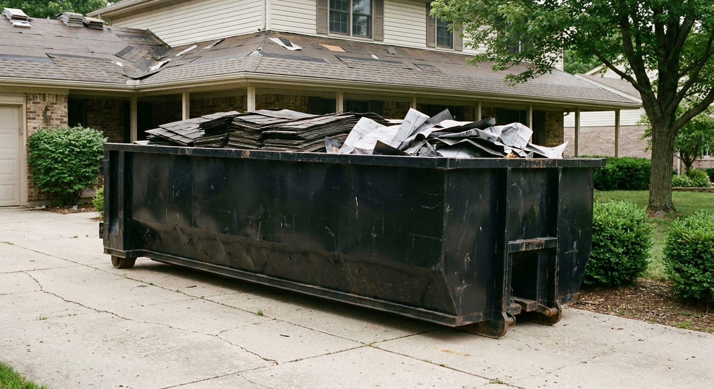 Matte-black 30-yard roofing roll-off dumpster sitting directly on a Warwick concrete driveway, taller ribbed steel side panels, mixed tear-off debris of asphalt shingles and underlayment inside, professional documentary daylight.