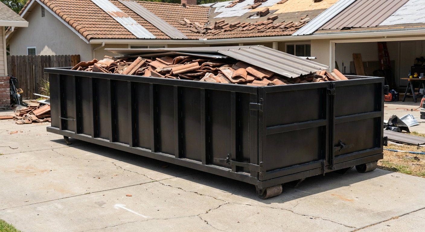 Matte-black low-wall heavy-debris roofing roll-off dumpster sitting directly on a Warwick concrete driveway, broken concrete clay roof tiles and metal panel sections loaded inside, reinforced ribbed steel side walls visible, bright outdoor daylight.