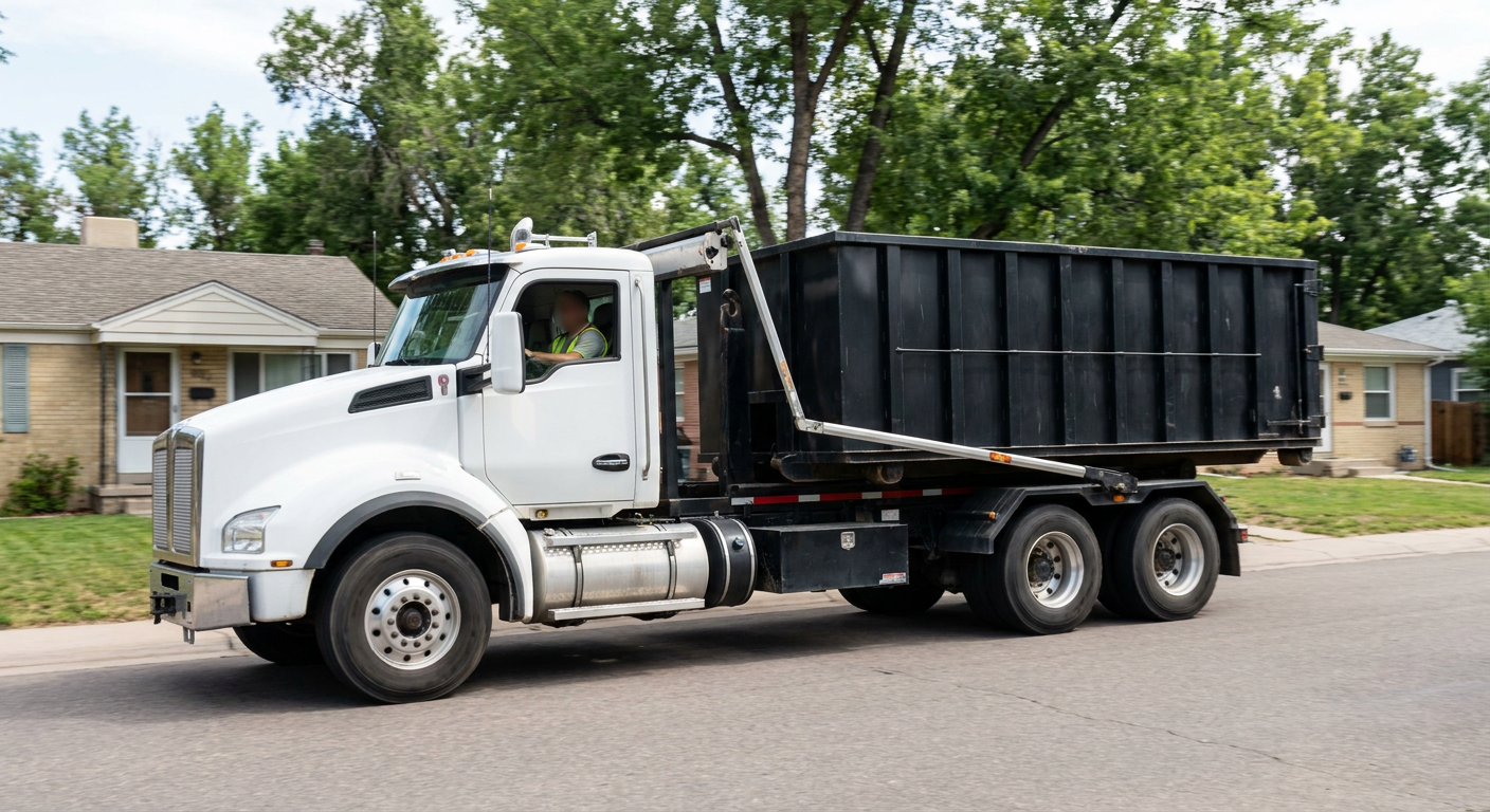 A wide documentary shot of a matte-black roll-off delivery truck pulling onto a quiet Warwick residential street at mid-morning, with neighborhood rooftops and tree-lined blocks visible behind, showing the metro coverage footprint.
