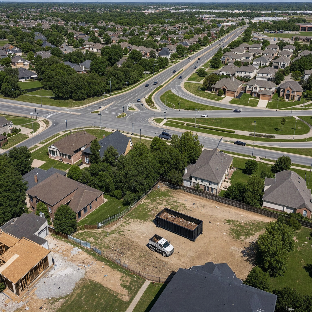 An overhead documentary view of the Warwick metro area at midday, showing the spread of neighborhoods, arterial roads, and the dispatch radius from a central yard — clean daylight, organized geographic layout.