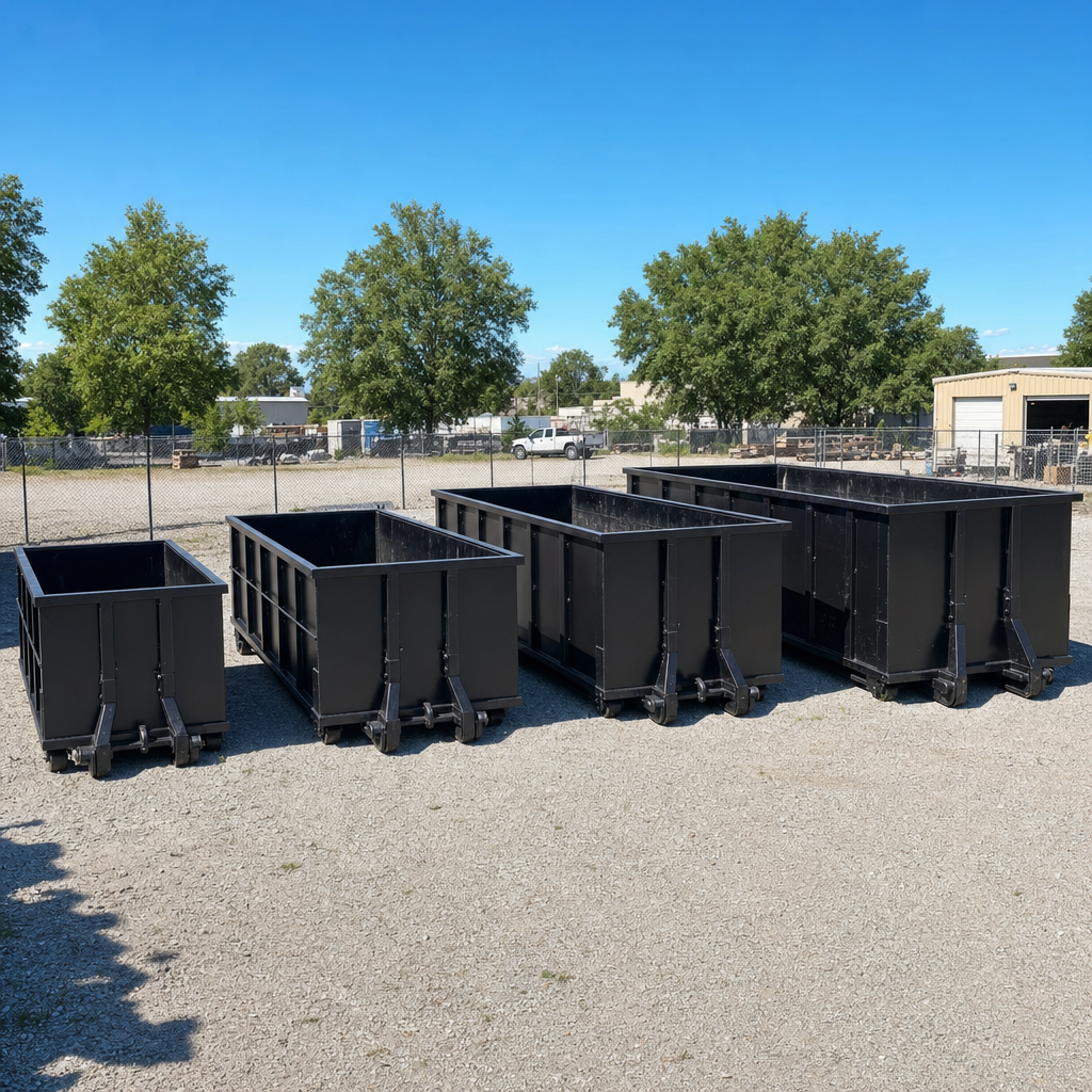 A clean lineup of matte-black roll-off dumpsters in 10, 20, 30, and 40-yard sizes staged on a sunlit gravel yard in Warwick, showing the size progression from compact to commercial-scale containers.