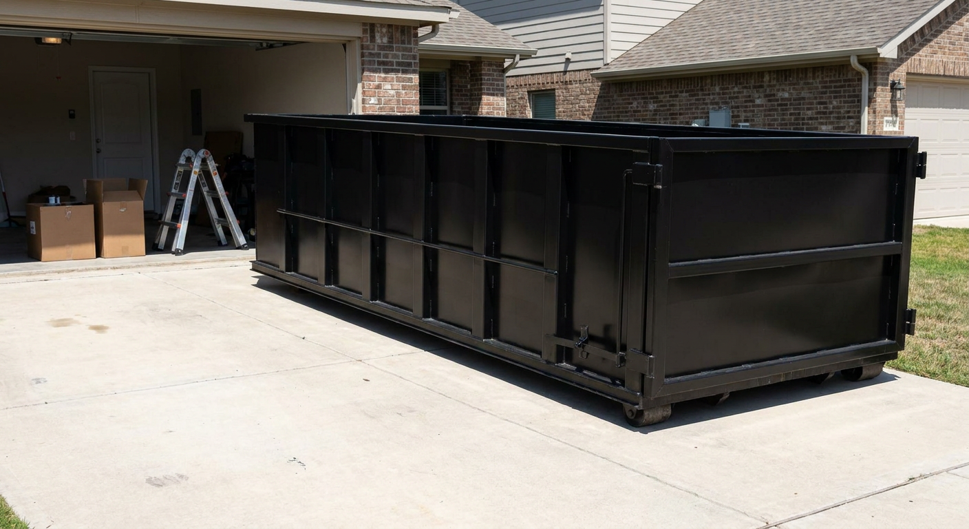 A matte-black 10-yard roll-off dumpster sitting directly on a residential Warwick concrete driveway, mid-day sunlight, clean and ready for a garage cleanout.