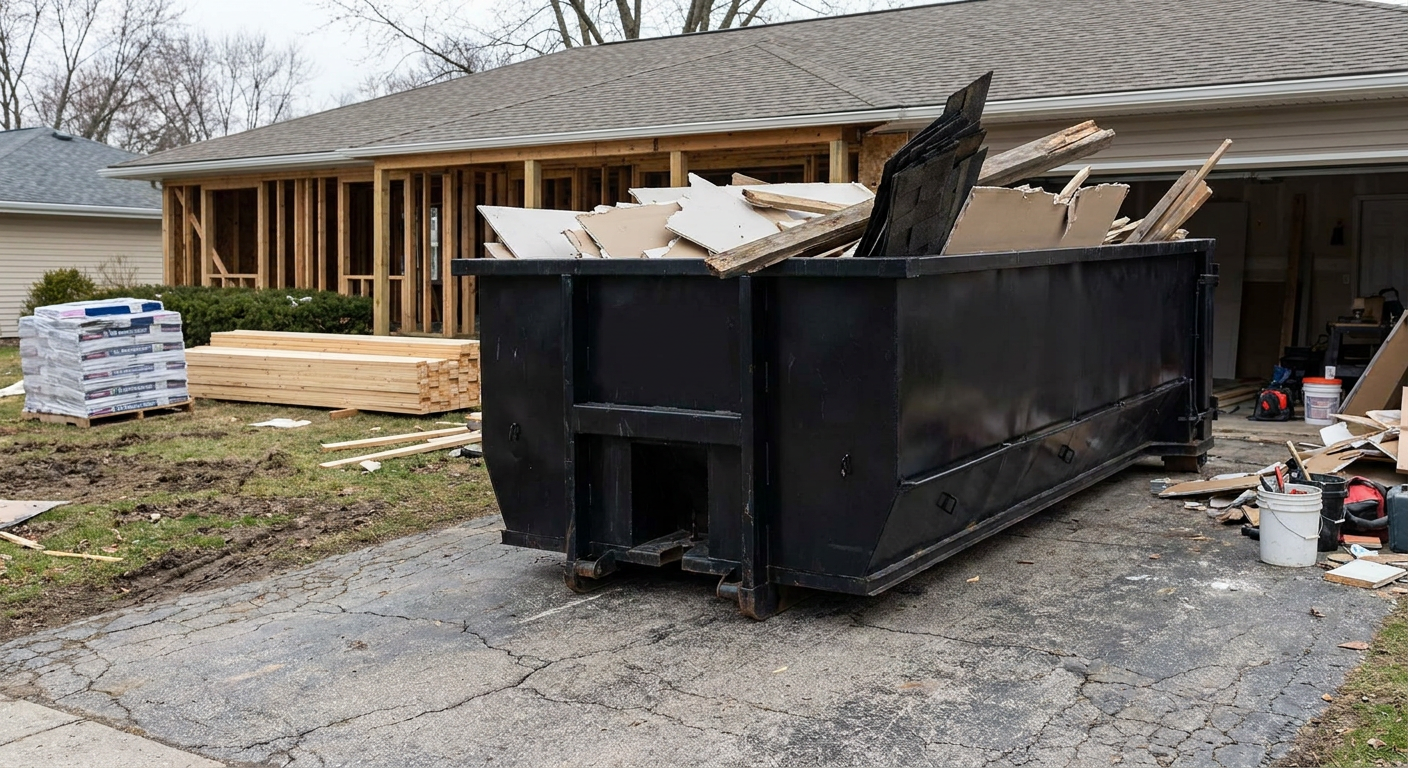 A matte-black 20-yard roll-off dumpster placed alongside a mid-renovation Warwick home directly on the asphalt driveway, with framing materials and torn-off shingles staged neatly nearby.