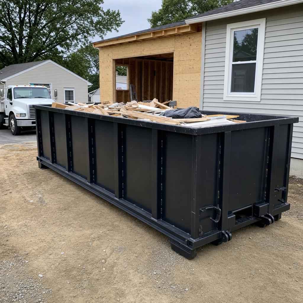 A matte-black 30-yard roll-off dumpster positioned at a Warwick residential addition jobsite, with framing lumber and drywall scraps loaded through the open swinging rear doors.