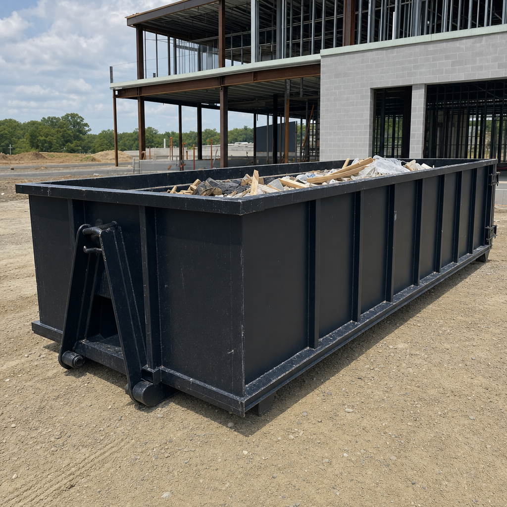 A matte-black 40-yard roll-off dumpster staged on a large Warwick commercial construction lot, with a hooklift delivery truck parked alongside under bright midday sky.