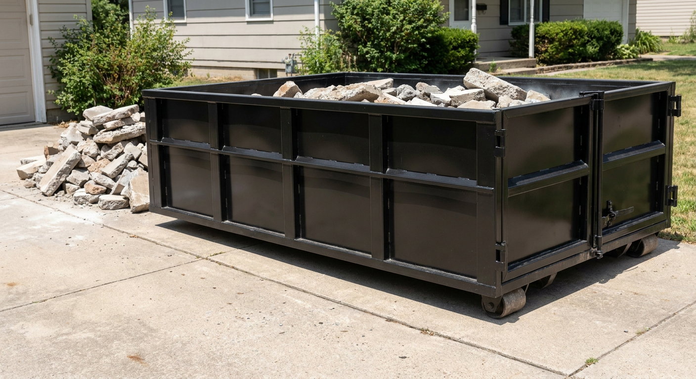 A matte-black low-side heavy-debris roll-off dumpster placed directly on a Warwick concrete driveway, with broken concrete chunks neatly stacked beside it under clean daylight.